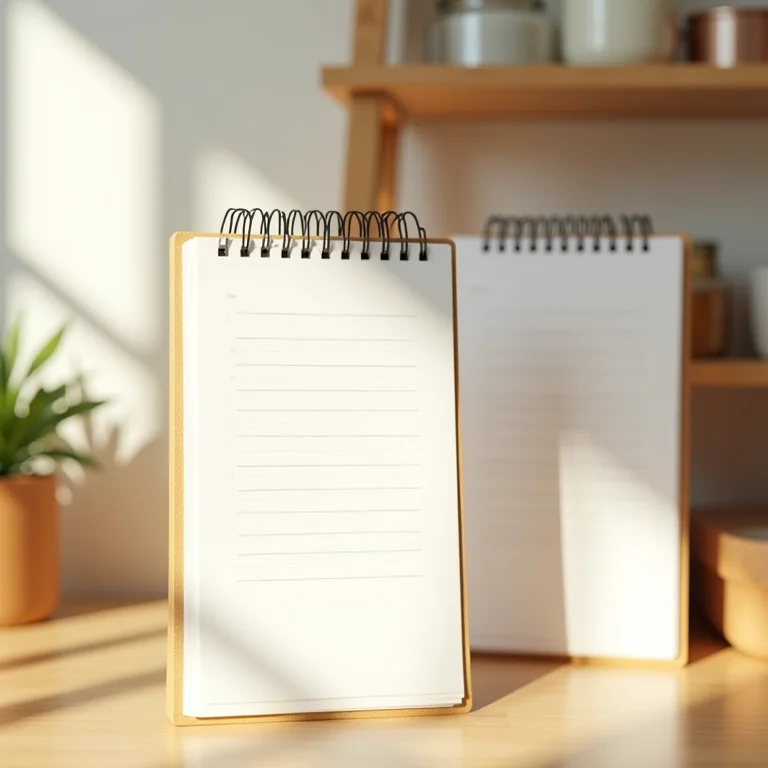 Bloco de notas com lista de compras ao lado de prateleira de despensa organizada.