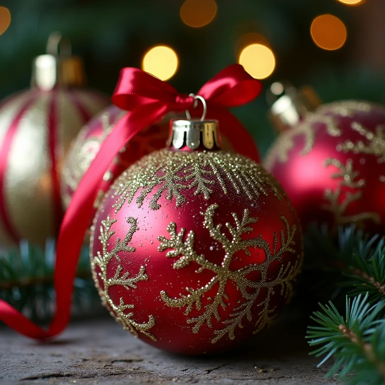 Bolas de Natal antigas reutilizadas e decoradas com tinta, glitter e fitas.