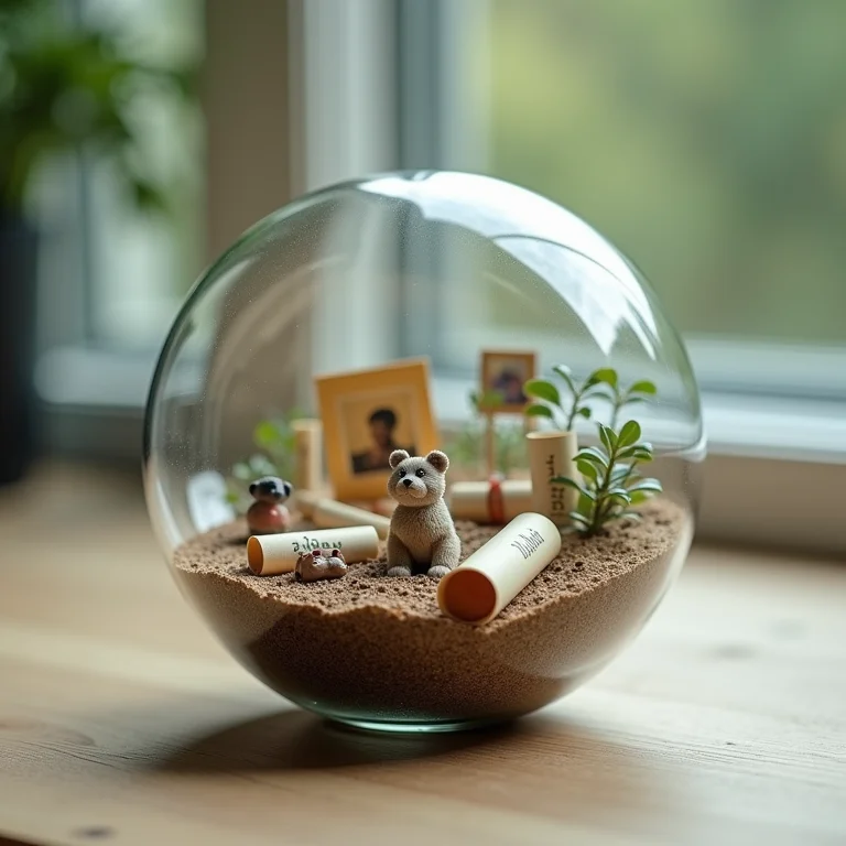 Bolas de vidro transparentes preenchidas com miniaturas, fotos e mensagens.