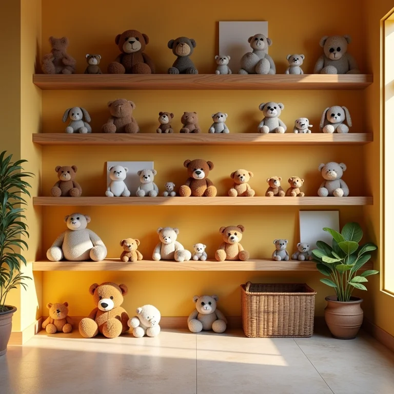 Brinquedos organizados em prateleiras baixas