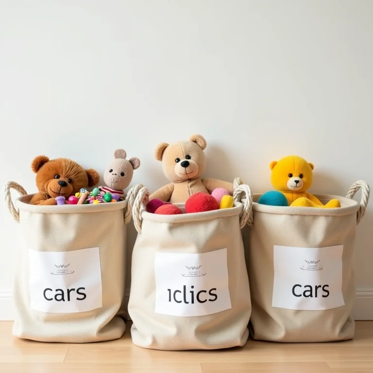 Brinquedos organizados por categoria em caixas etiquetadas