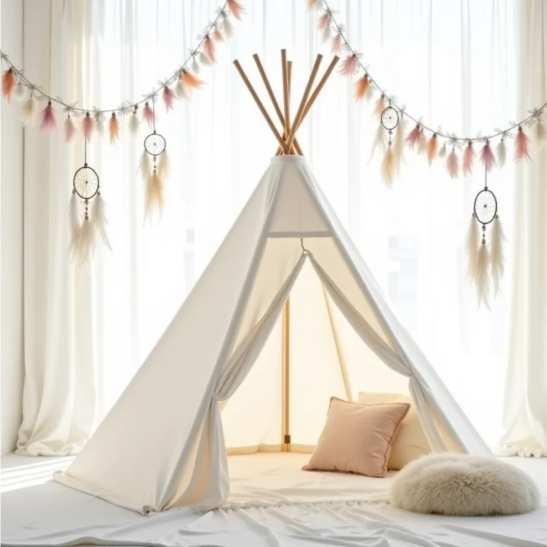 Cabana infantil branca decorada com guirlandas coloridas e filtro dos sonhos.