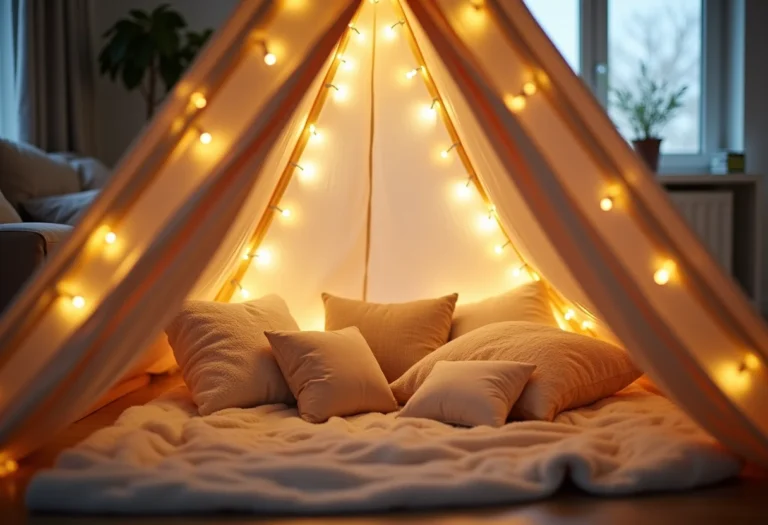 Cabana infantil iluminada com luzes de fada em sala de estar aconchegante.