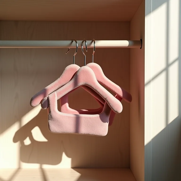 Cabides finos otimizando espaço em guarda-roupa infantil