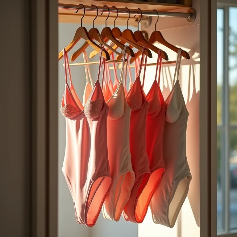 Cabides múltiplos com vários biquínis pendurados.