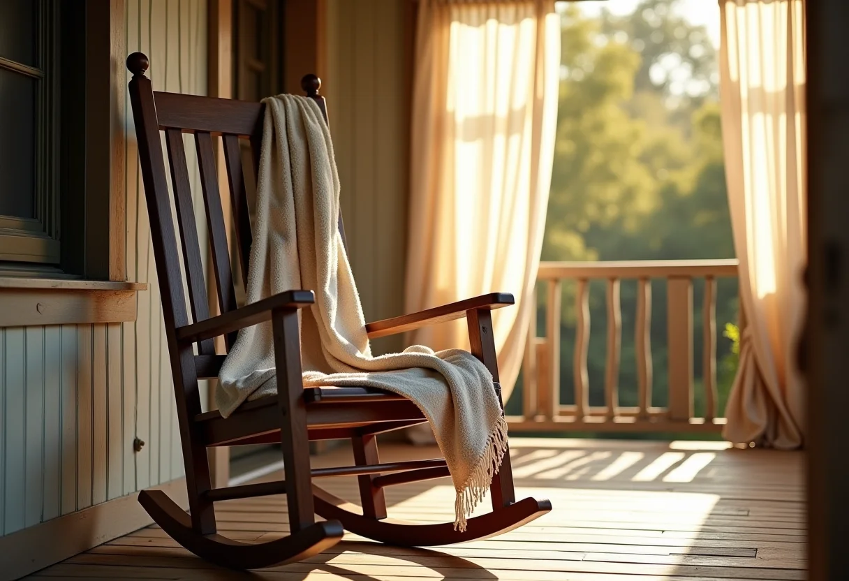 Cadeira de balanço restaurada em varanda ensolarada