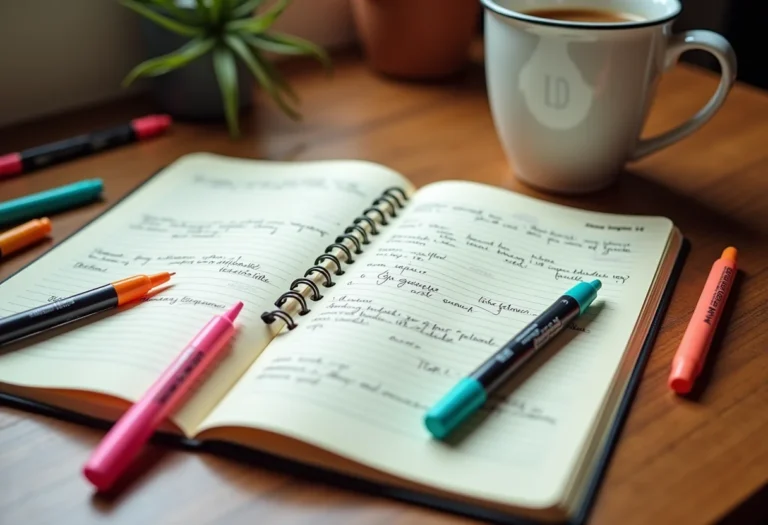 Caderno aberto com anotações e marca-textos coloridos ao redor, representando a revisão de estudo.