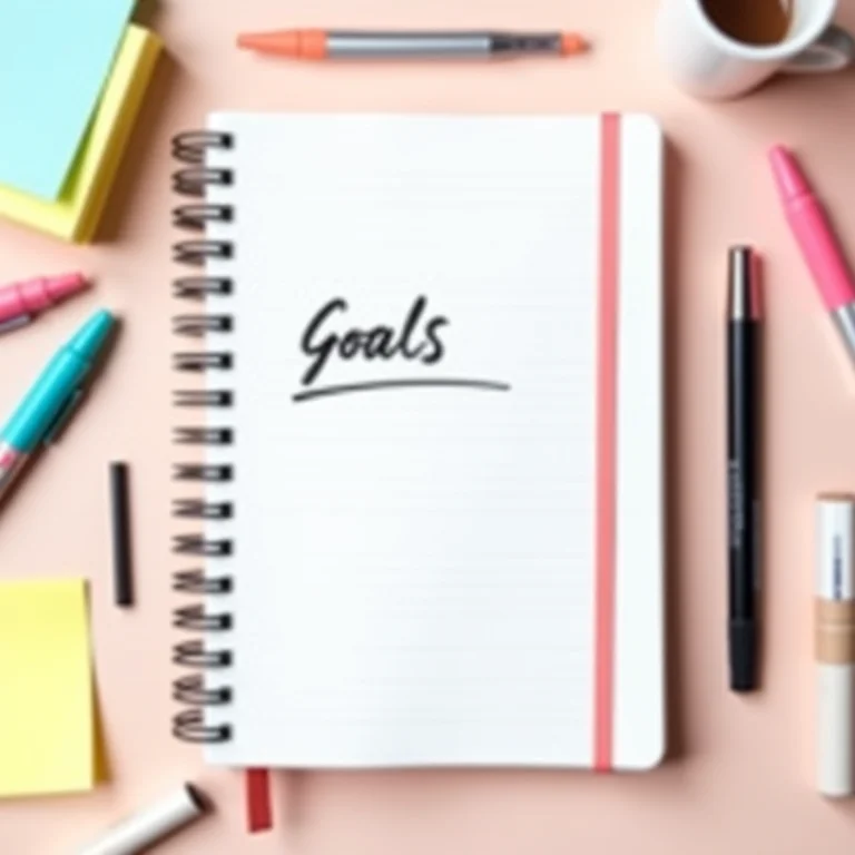 Caderno com a palavra 'Metas' e materiais de escritório