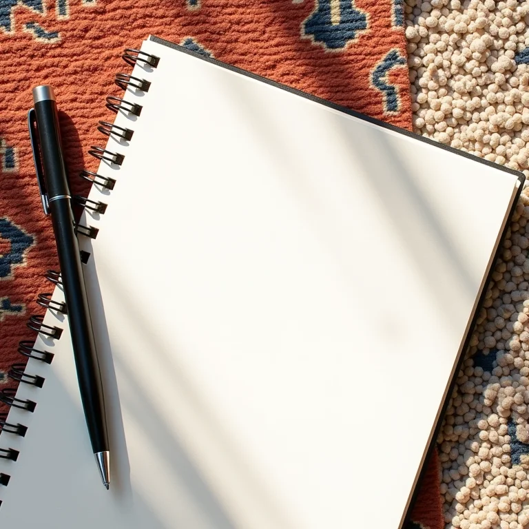 Caderno e caneta ao lado de amostras de texturas de tapete, representando uma lista de materiais