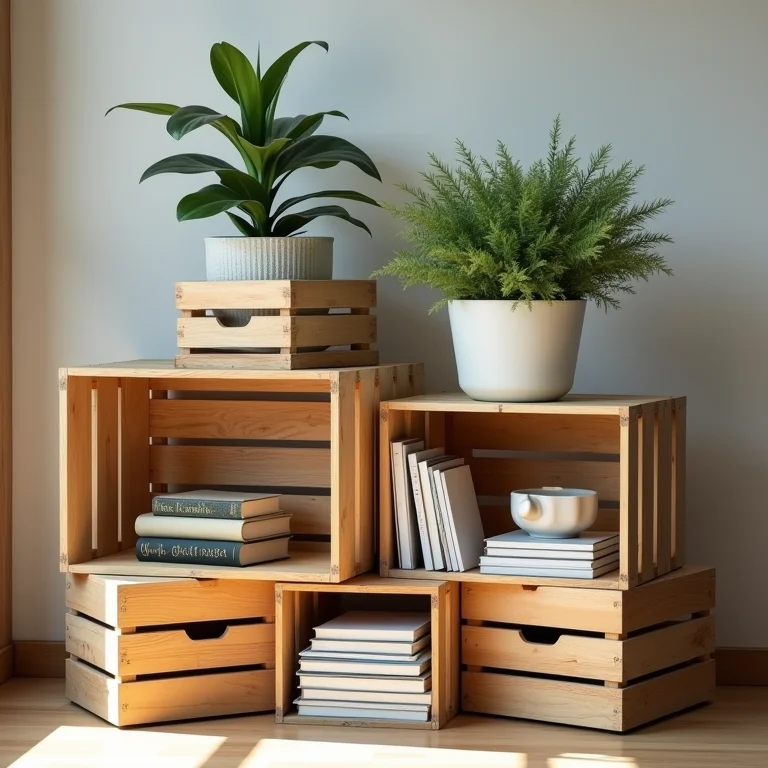 Caixotes de madeira com livros, plantas e objetos decorativos, representando custo-benefício