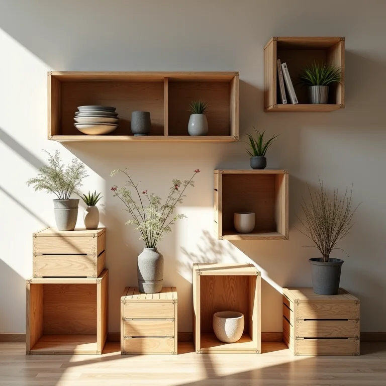 Caixotes de madeira usados como prateleiras, mesas e espaço de armazenamento, representando versatilidade