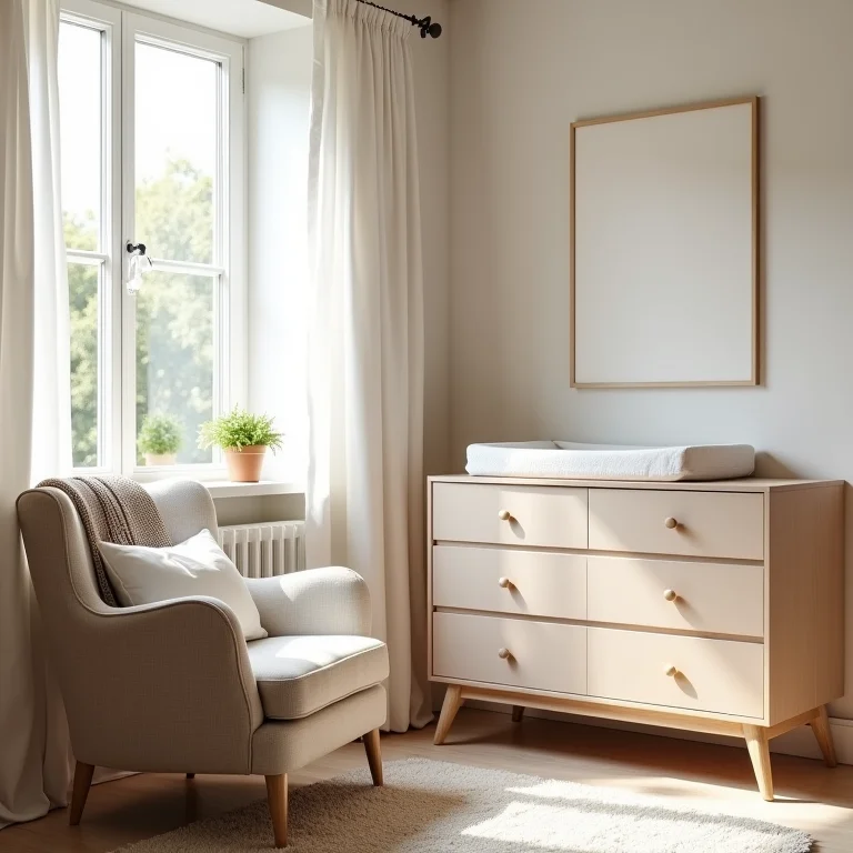 Cantinho da amamentação aconchegante com poltrona e cômoda trocador