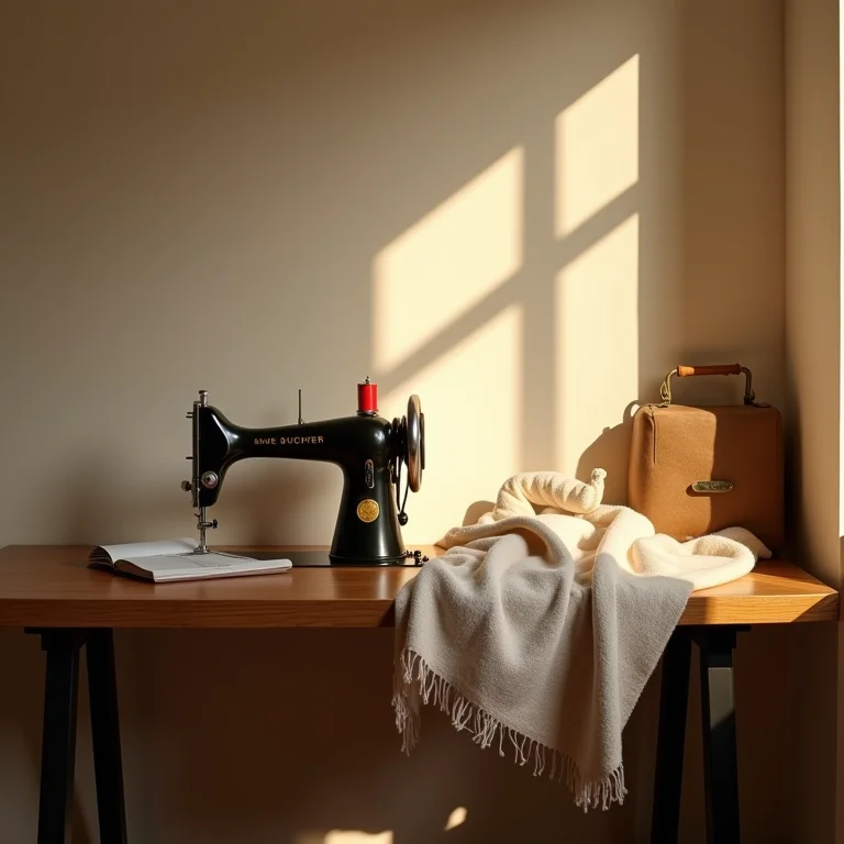 Cantinho de costura aconchegante com máquina vintage e manta macia.