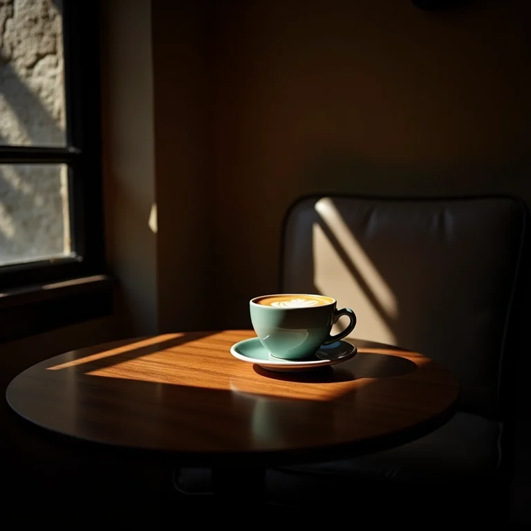 Cantinho do café com iluminação inadequada e sombras fortes