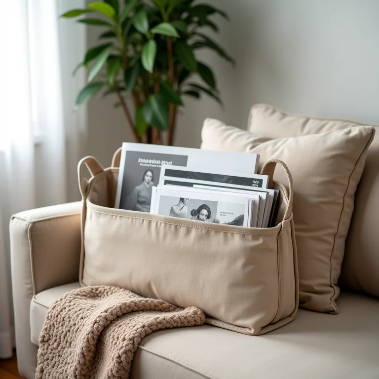 Canto da sala com revisteiro de tecido, manta e planta