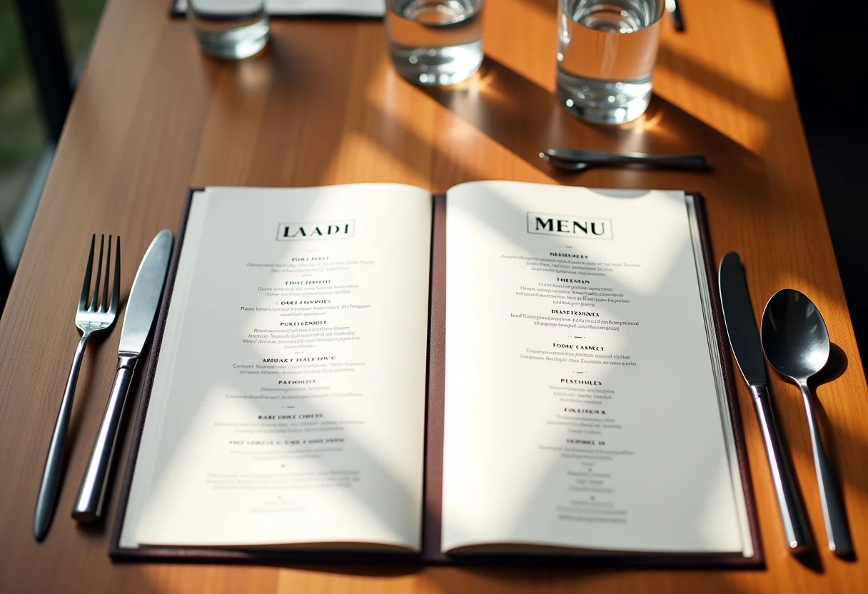 Cardápio bilíngue elegante em mesa de restaurante