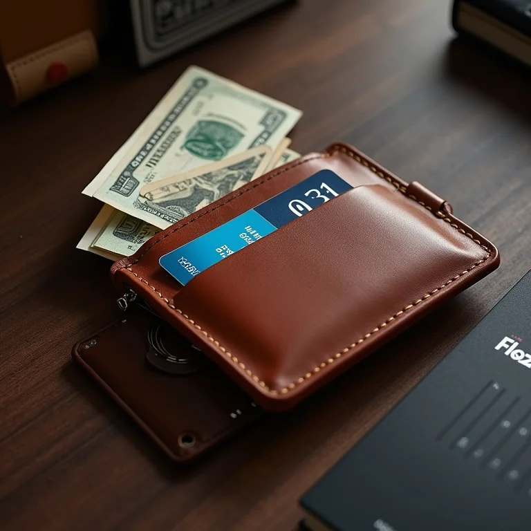 Carteira porta cartão de couro com vários cartões e algumas notas.