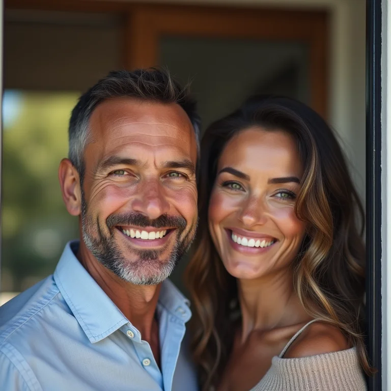 Casal em frente à casa com fechadura digital