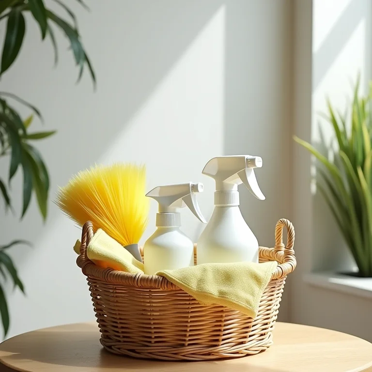 Cesta com produtos de limpeza organizados: panos de microfibra, borrifadores e espanador.
