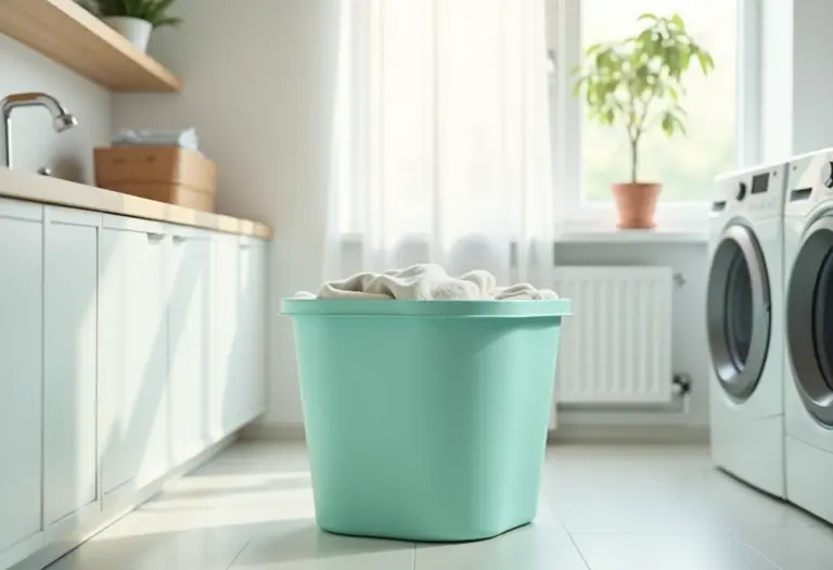 Cesto de roupas dobrável de silicone em ambiente minimalista