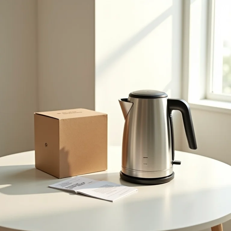 Chaleira elétrica ao lado de caixa e manual de instruções