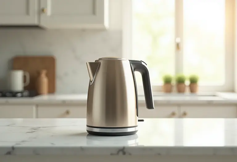 Chaleira elétrica brilhando sobre bancada de mármore