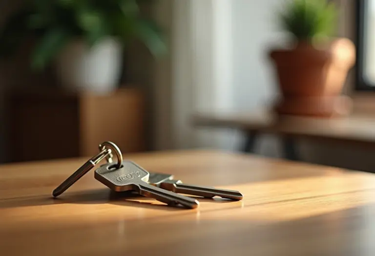 Chaves de casa e carro organizadas sobre mesa de madeira