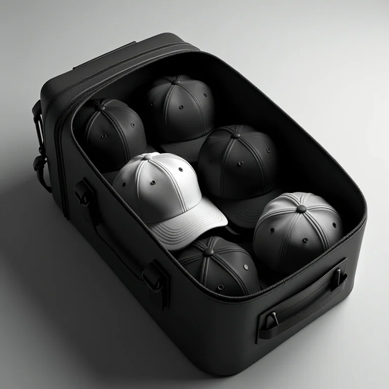 Close-up do interior de um porta bonés, protegendo os bonés durante a viagem.