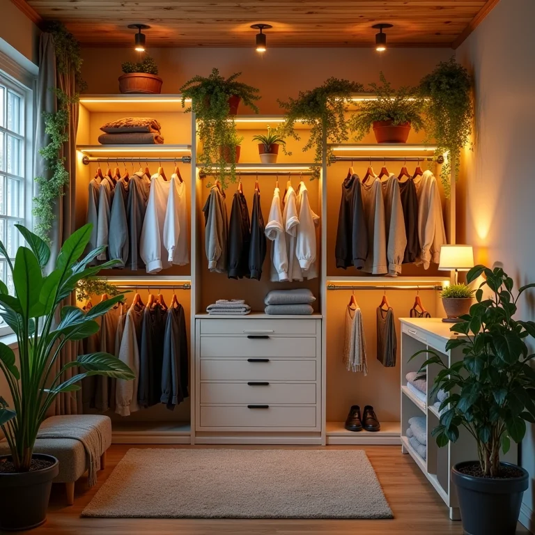 Closet de PVC com luzes, plantas penduradas e detalhes coloridos