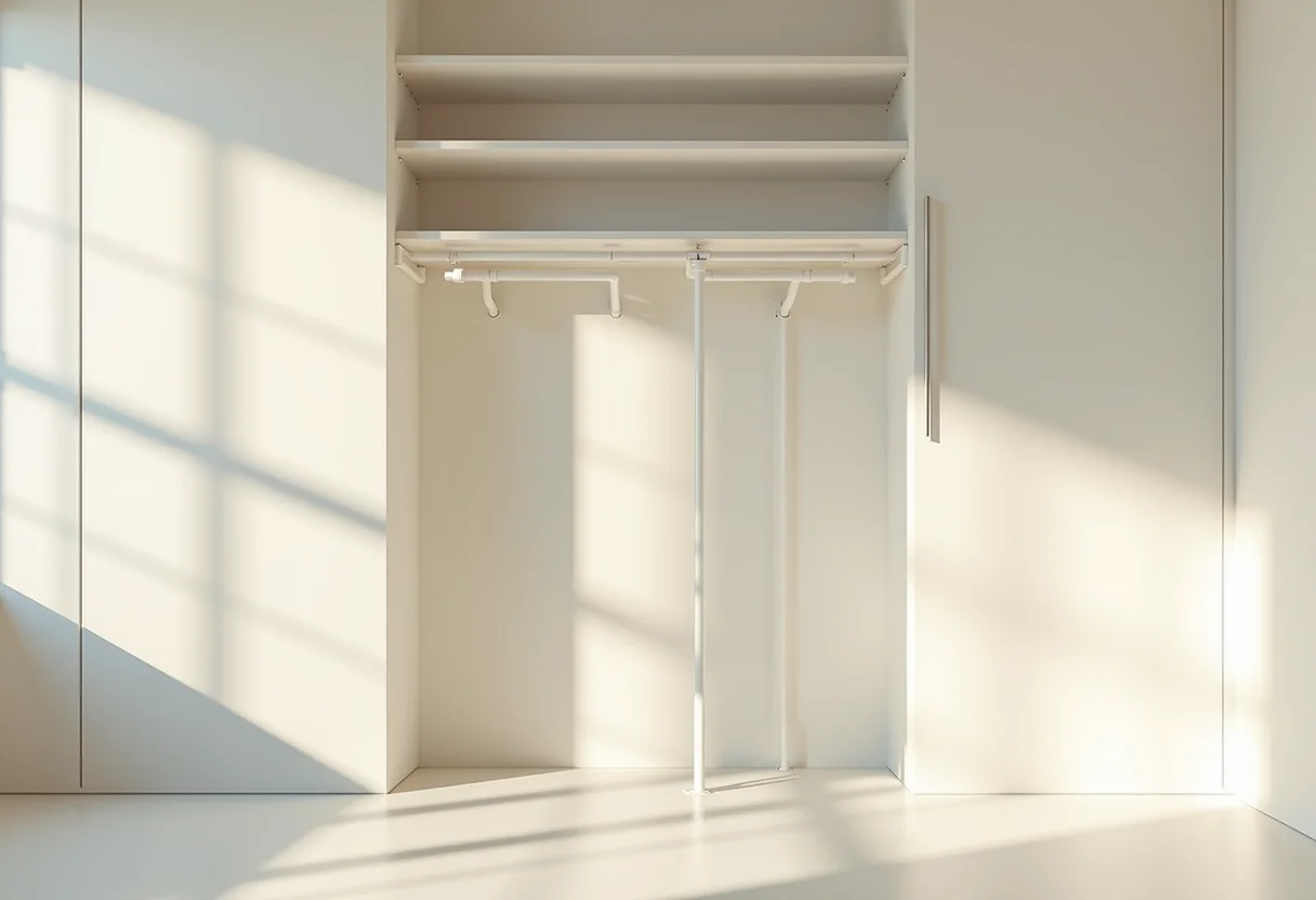 Closet DIY de cano PVC em ambiente clean e moderno