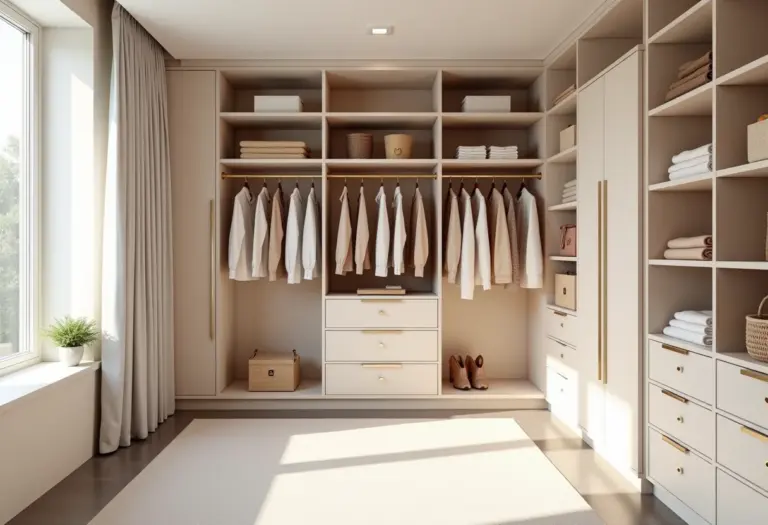 Closet organizado com roupas coloridas e soluções de armazenamento elegantes