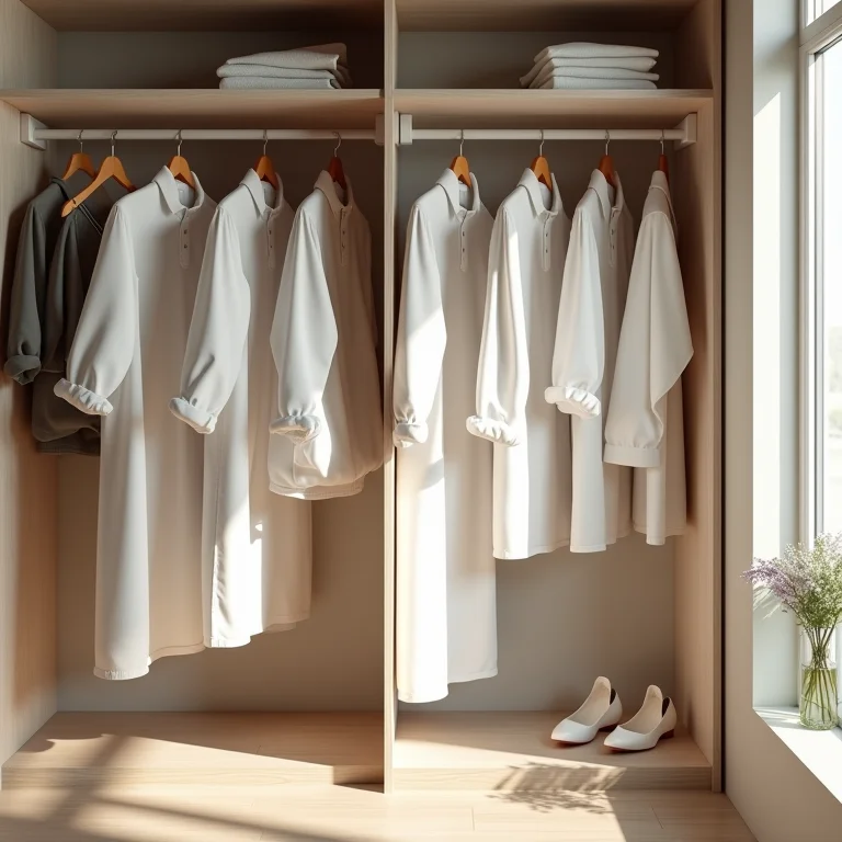 Closet organizado com roupas protegidas por capas de TNT