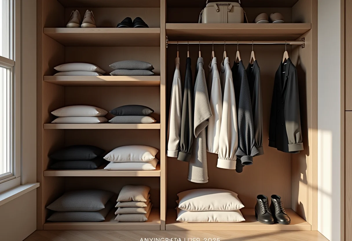 Closet pequeno organizado com roupas dobradas e penduradas