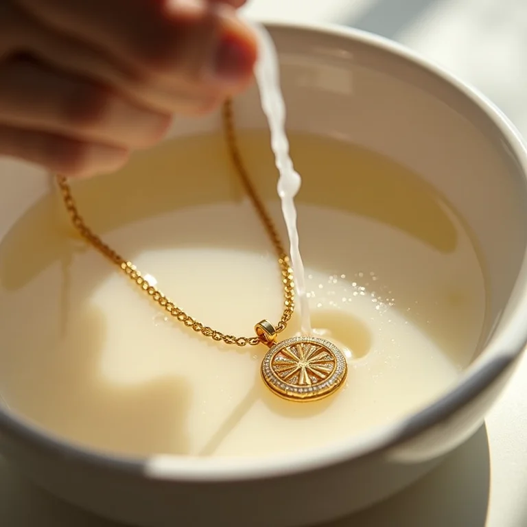 Colar de ouro sendo limpo com água morna e detergente neutro