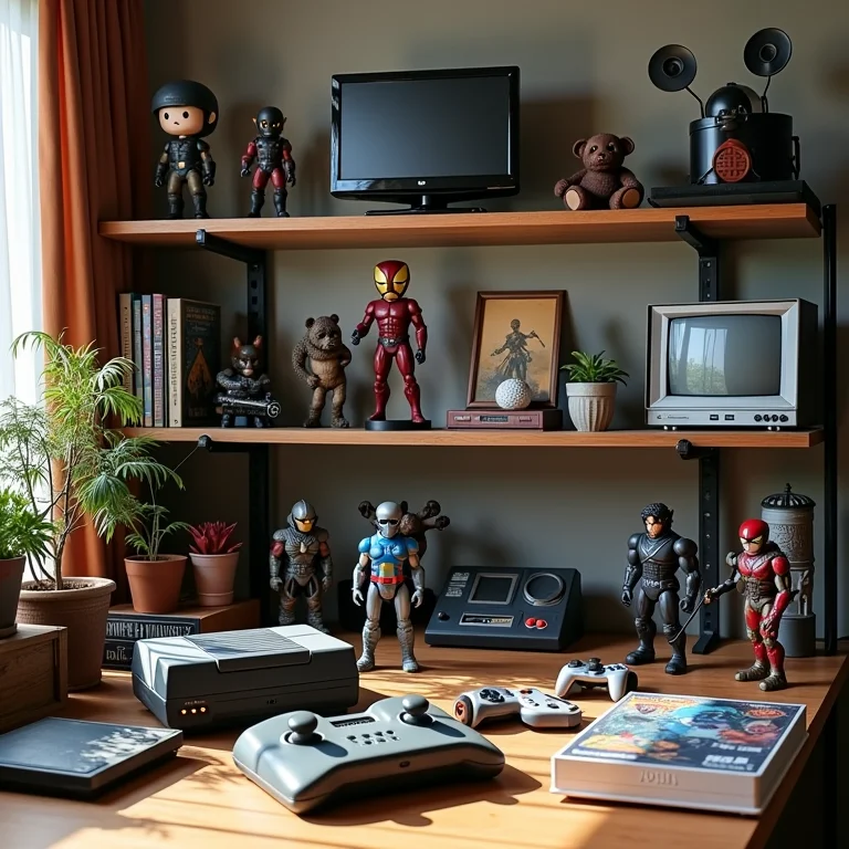 Coleção de itens geek para decoração.