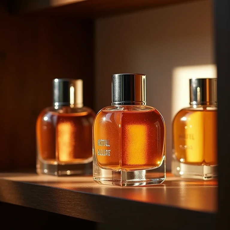 Coleção de perfumes disposta em uma prateleira longe da luz solar direta e umidade