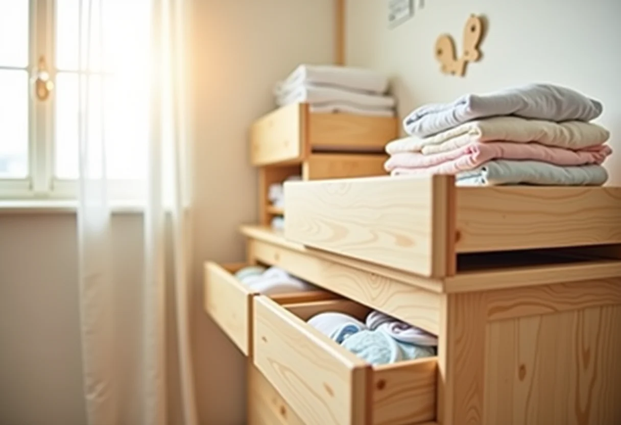 Cômoda de bebê organizada com roupas dobradas
