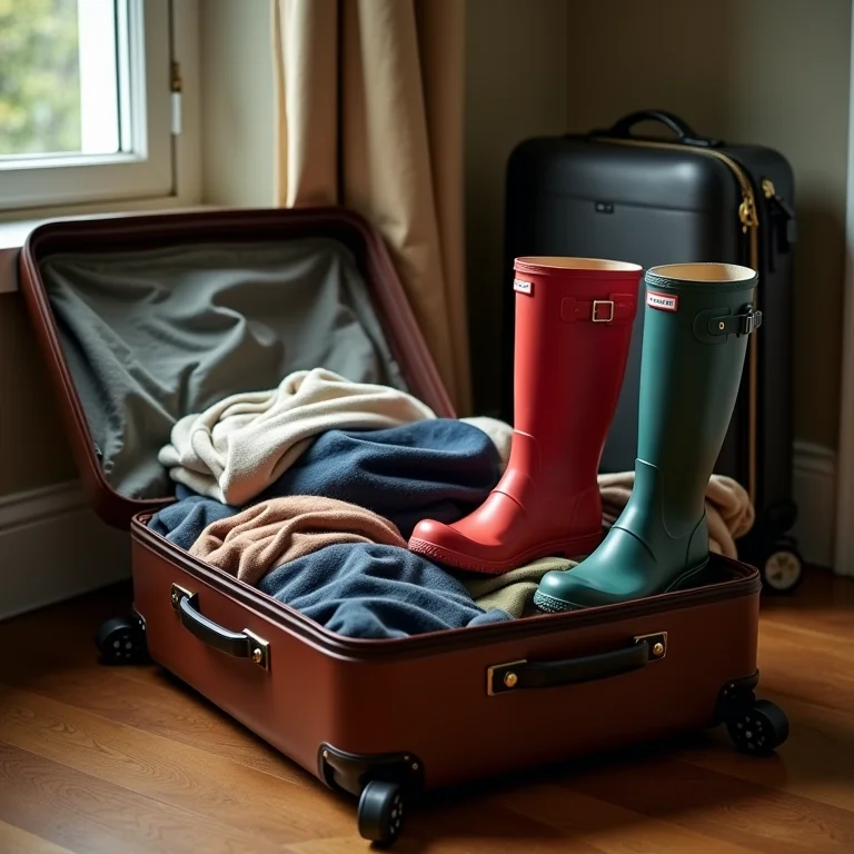 Comparativo de mala organizada com galochas e mala desorganizada