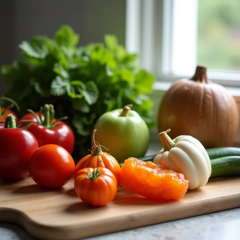 Comparativo entre vegetais frescos e vegetais estragados em uma tábua de corte.