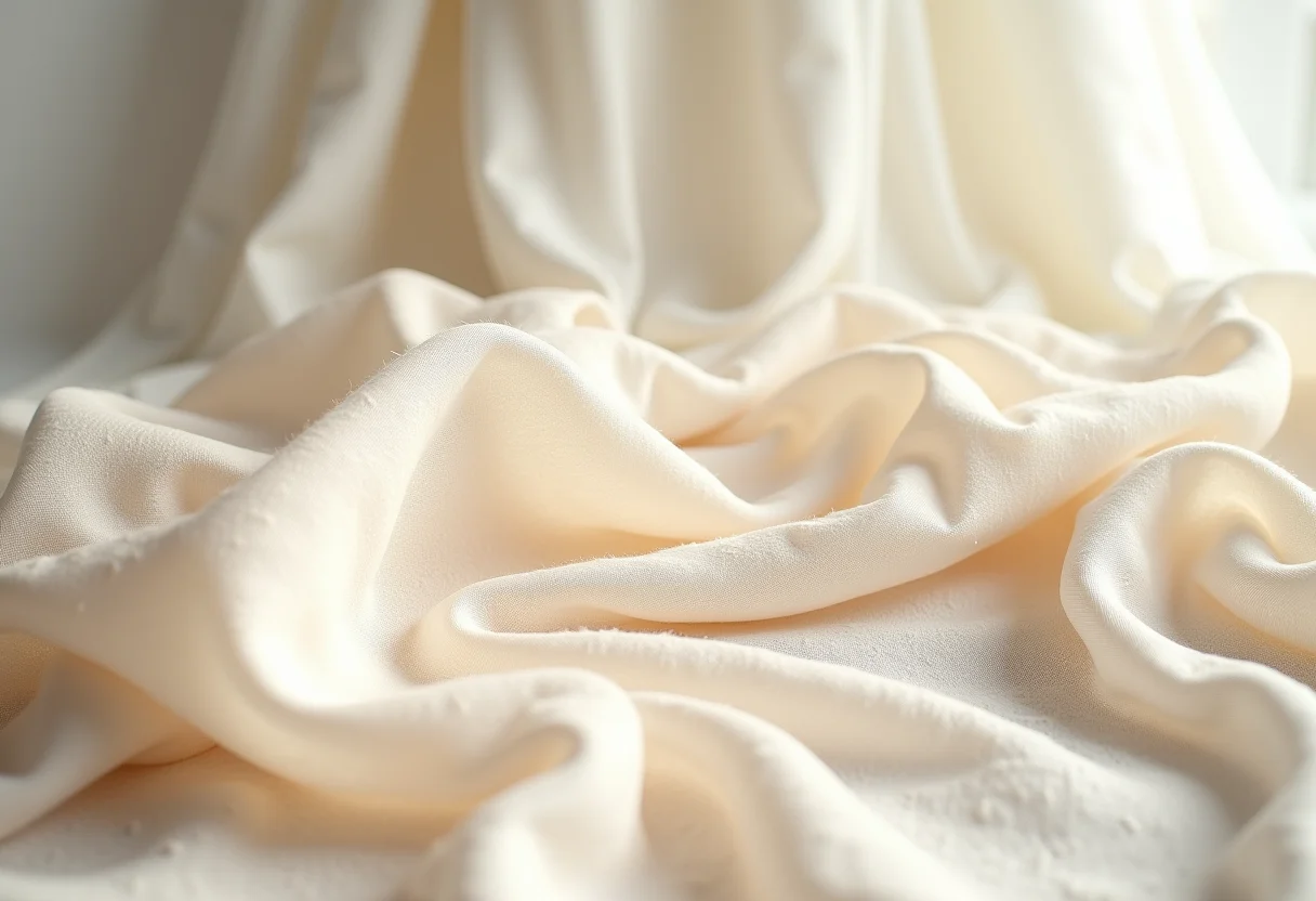 Composição de tecidos delicados como seda, renda e linho.