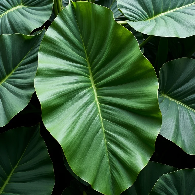 Composição flat lay de folhas de Calathea com diferentes padrões.