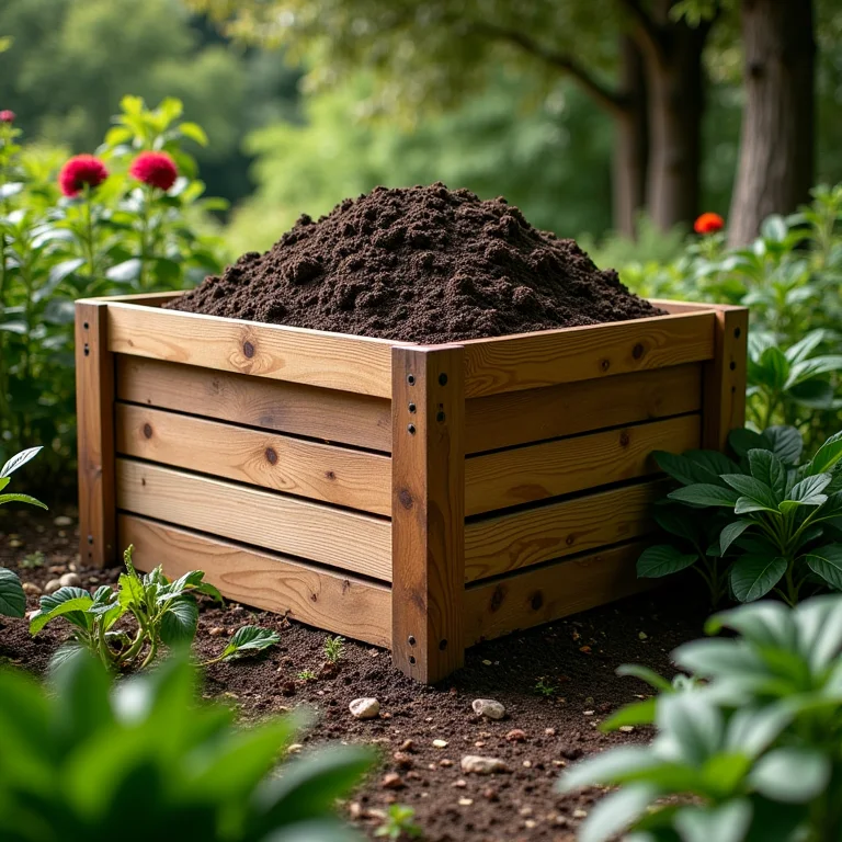 Composteira doméstica de madeira em um jardim