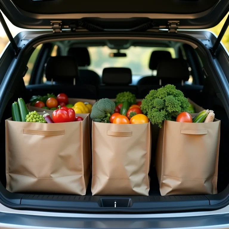 Compras organizadas no porta-malas do carro