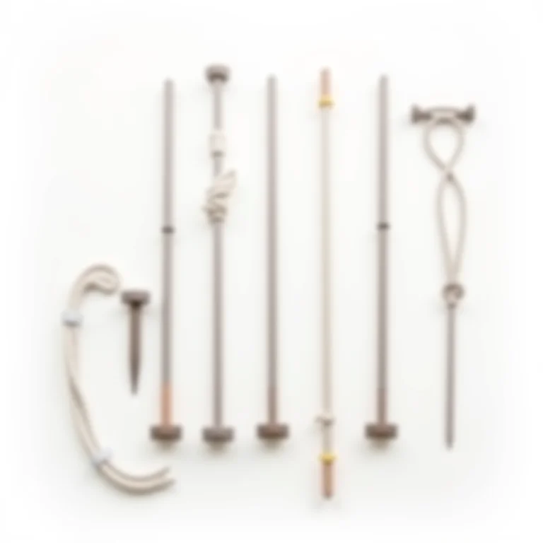 Conjunto de varas de barraca organizado, com cordas e estacas