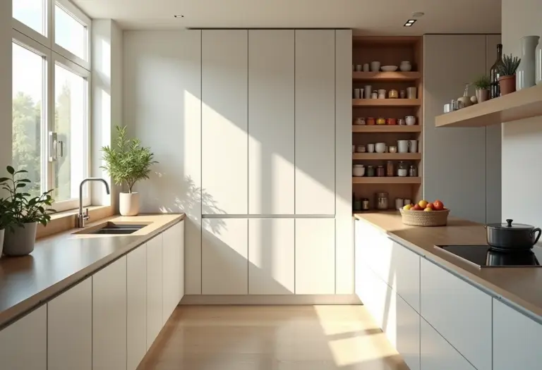 Cozinha impecável com despensa organizada e luz natural