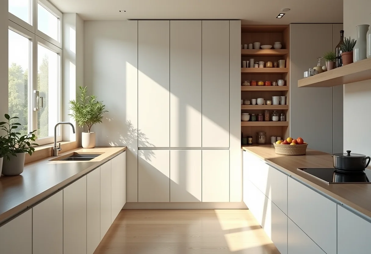 Cozinha impecável com despensa organizada e luz natural