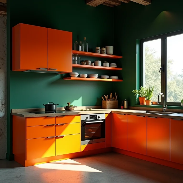 Cozinha industrial com cores em conflito e paleta caótica