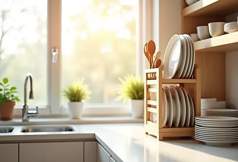 Cozinha organizada com escorredor de pratos vertical.