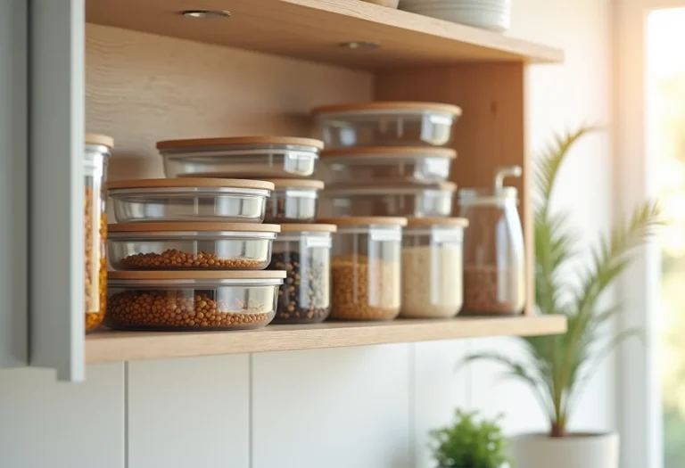 Cozinha organizada com potes de vidro empilhados