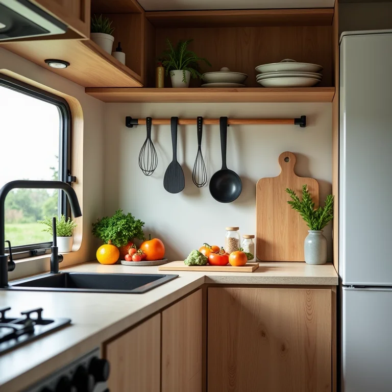 Cozinha organizada dentro de um motorhome.